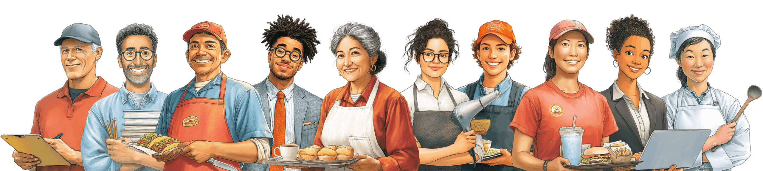 Workers from multiple industries, including service, food, office, and skilled roles.