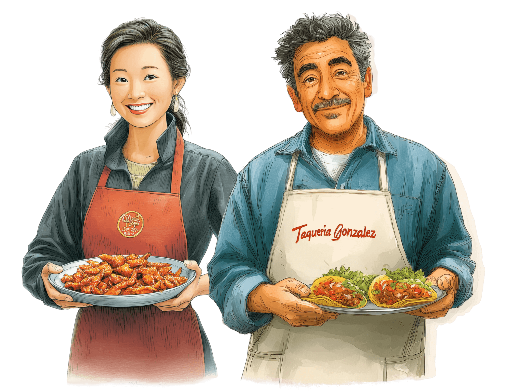 Two restaurant workers wearing aprons and holding plates of prepared food.