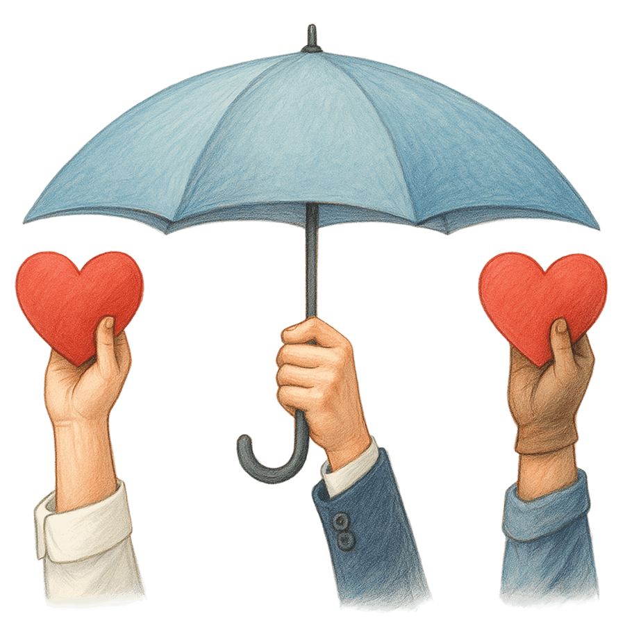 Illustration of hands holding red hearts beneath an open umbrella.