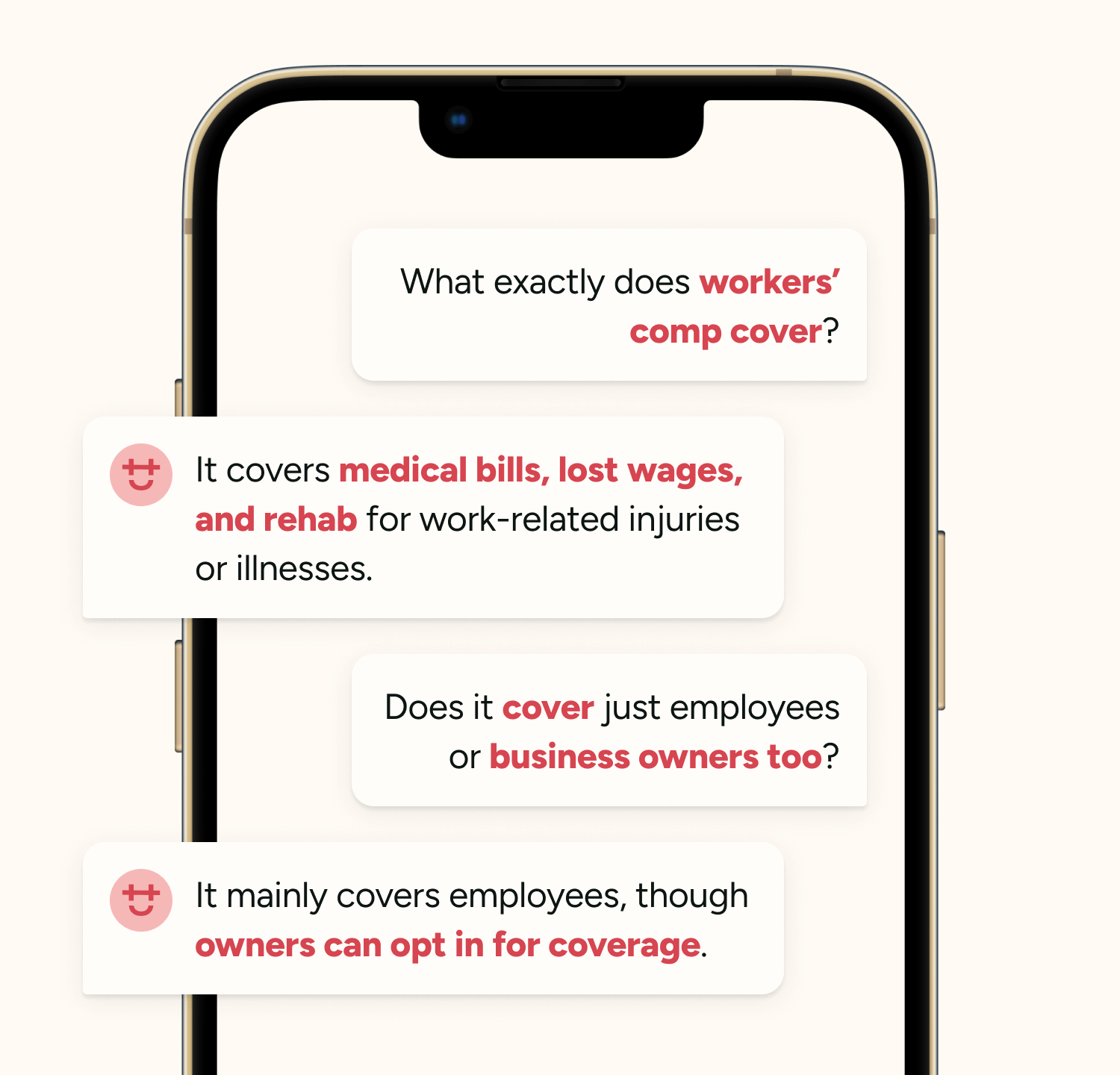 Mobile screen showing a chat conversation explaining workers’ comp coverage and benefits.