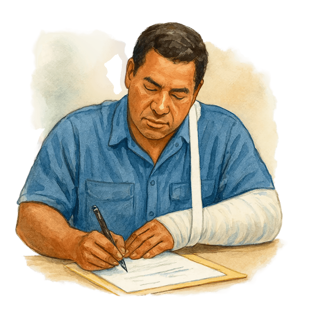 Injured worker with an arm in a cast filling out paperwork.