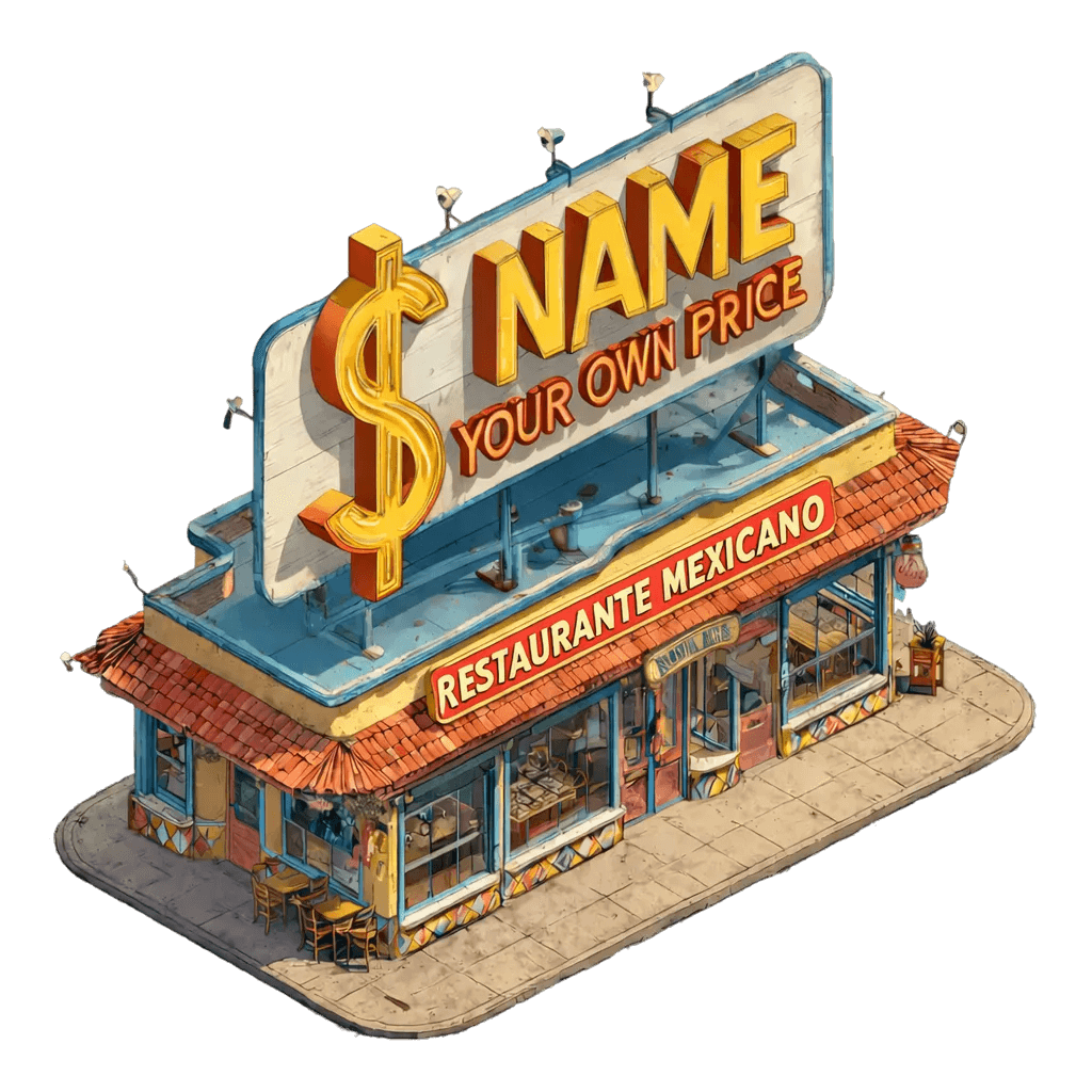 Restaurant storefront featuring a large rooftop sign that reads “Name Your Own Price.”